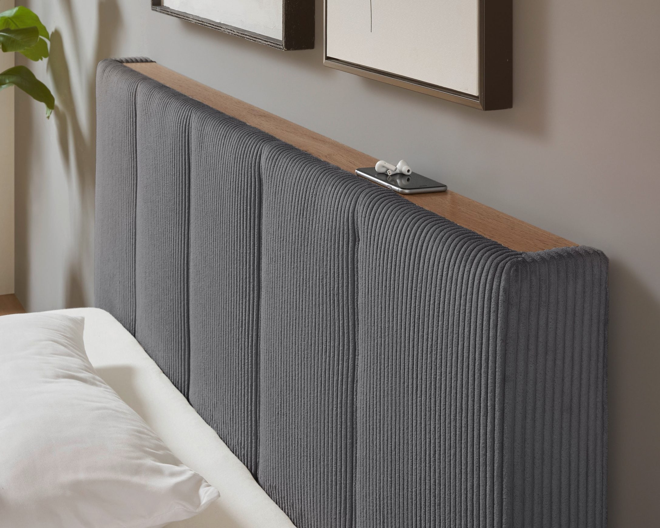 Pat tapițat CiTY/GiRON, 170x220 cm, antracit, PAL melaminat, tăblie cu raft, sertar depozitare Arboteca