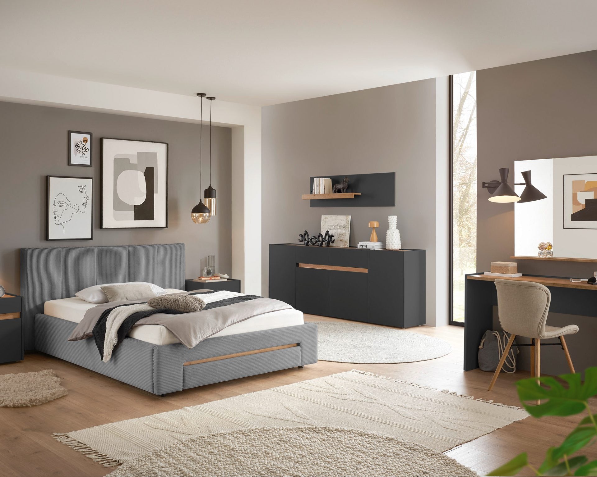 Pat tapițat CiTY/GiRON, 170x220 cm, antracit, PAL melaminat, tăblie cu raft, sertar depozitare Arboteca