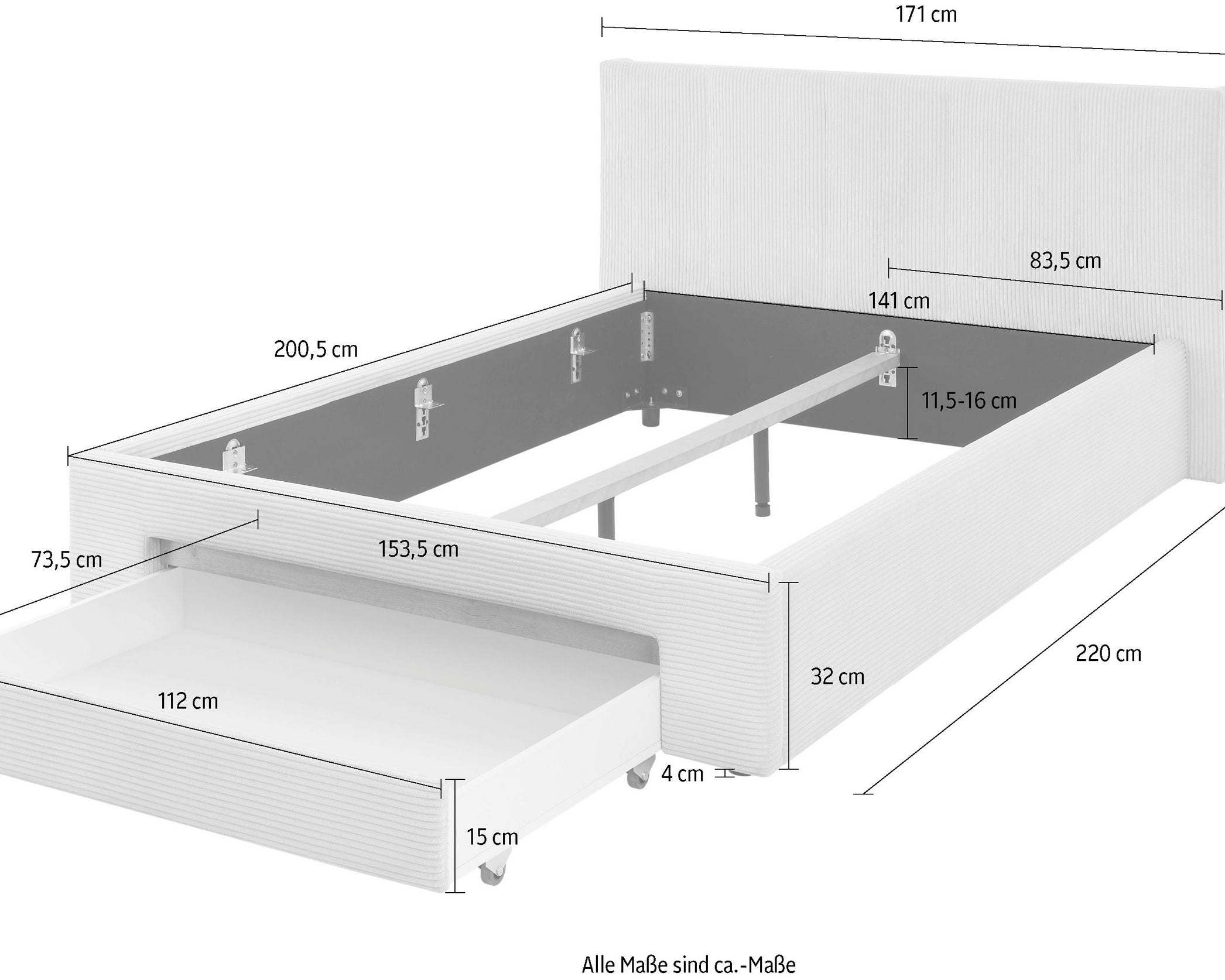 Pat tapițat CiTY/GiRON, 170x220 cm, antracit, PAL melaminat, tăblie cu raft, sertar depozitare Arboteca