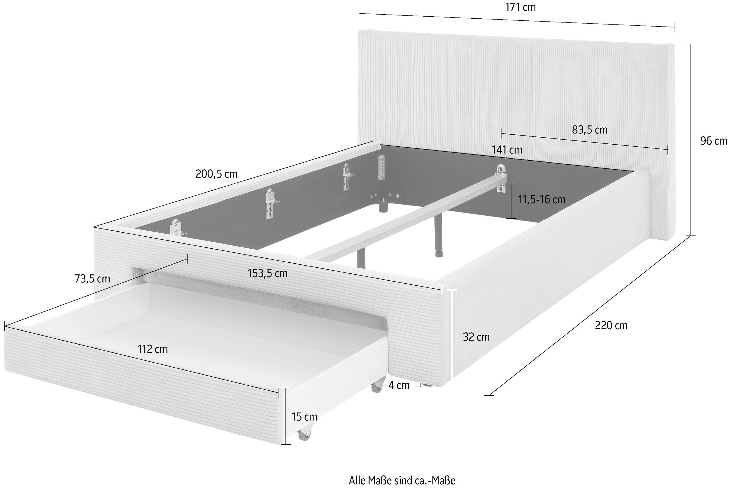 Pat tapițat CiTY/GiRON, 170x220 cm, antracit, PAL melaminat, tăblie cu raft, sertar depozitare Arboteca