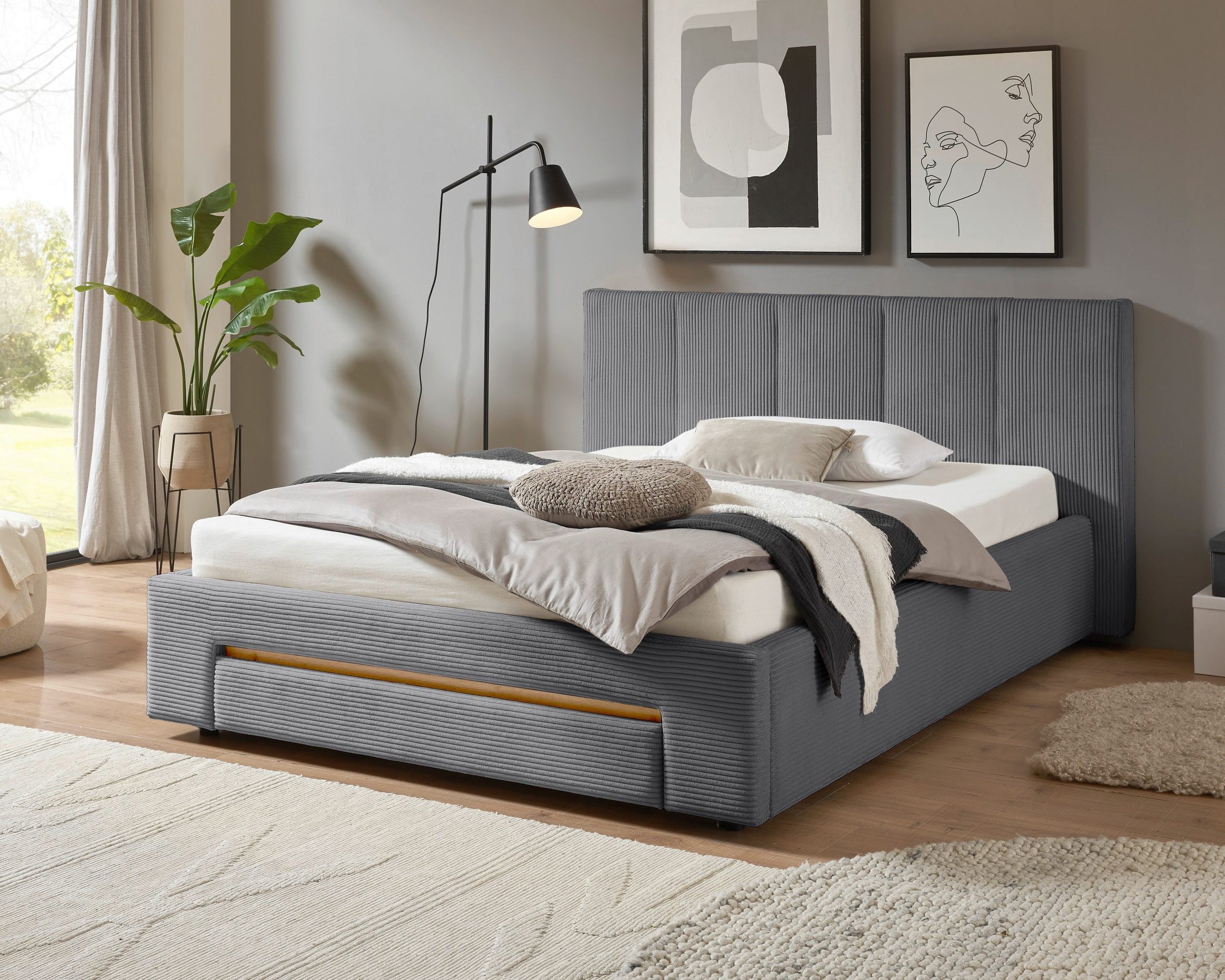 Pat tapițat CiTY/GiRON, 170x220 cm, antracit, PAL melaminat, tăblie cu raft, sertar depozitare Arboteca