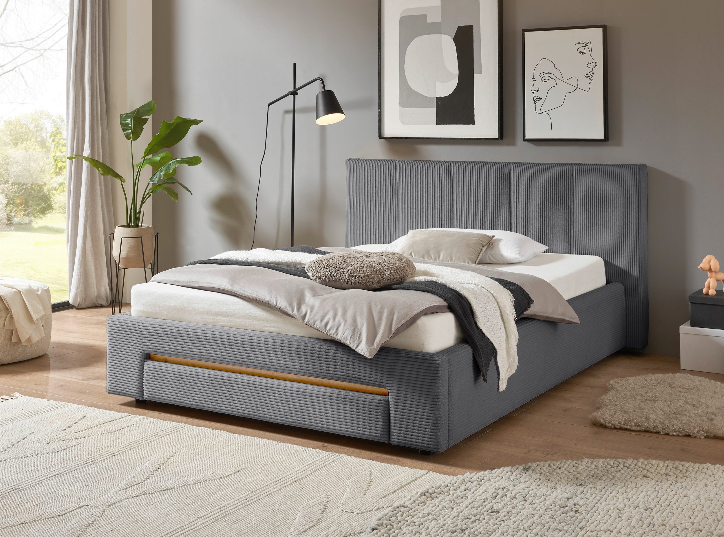 Pat tapițat CiTY/GiRON, 170x220 cm, antracit, PAL melaminat, tăblie cu raft, sertar depozitare Arboteca