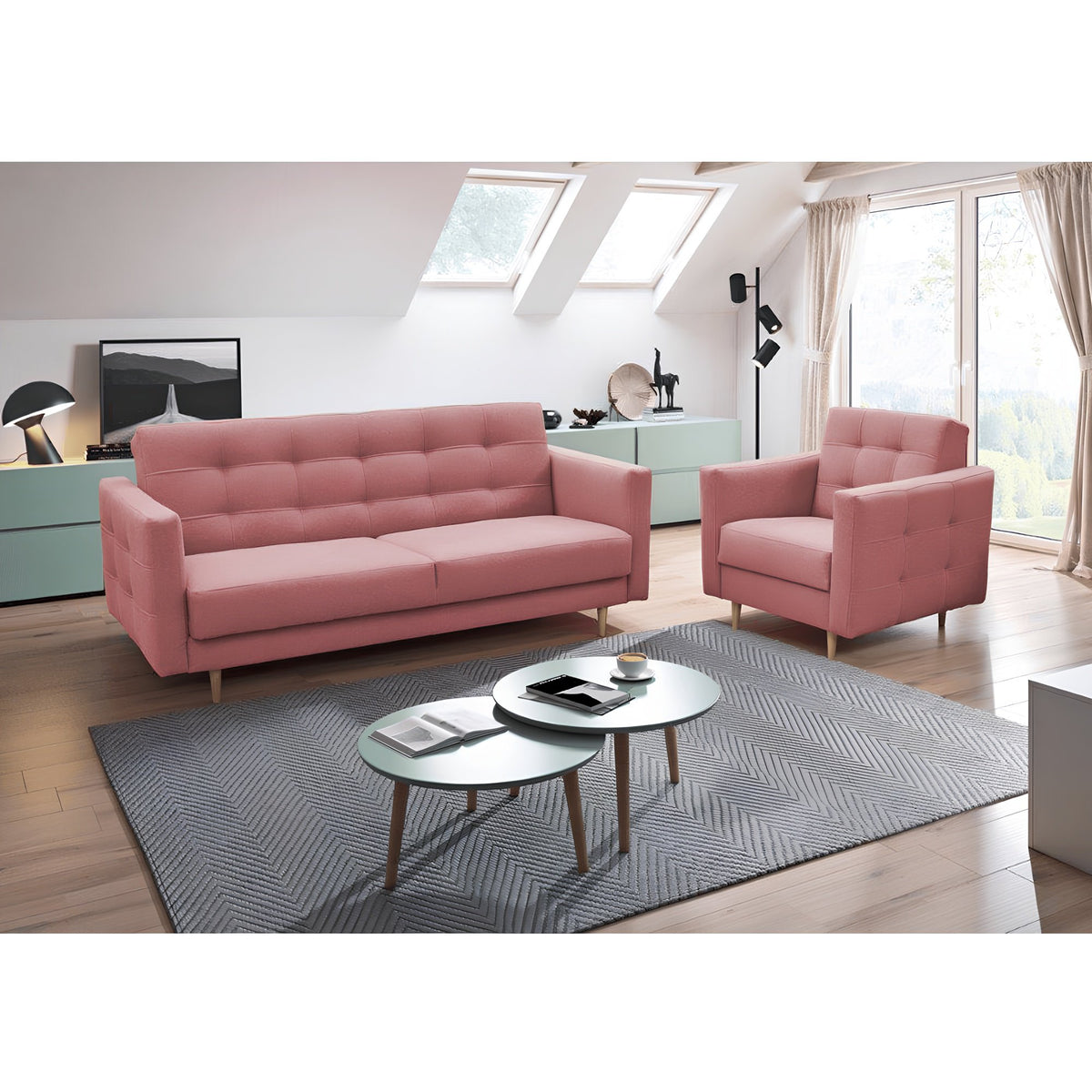 Canapea tapițată 3 locuri BUDVA, textil roz învechit, 207x94x92 cm Kondela