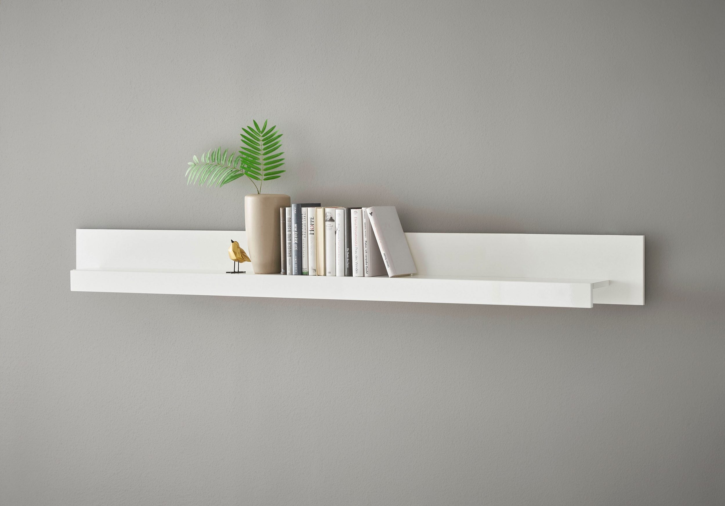 Raft de perete Cantara, 200 cm, alb lucios, PAL melaminat, poliță suspendată cu spațiu de depozitare Arboteca