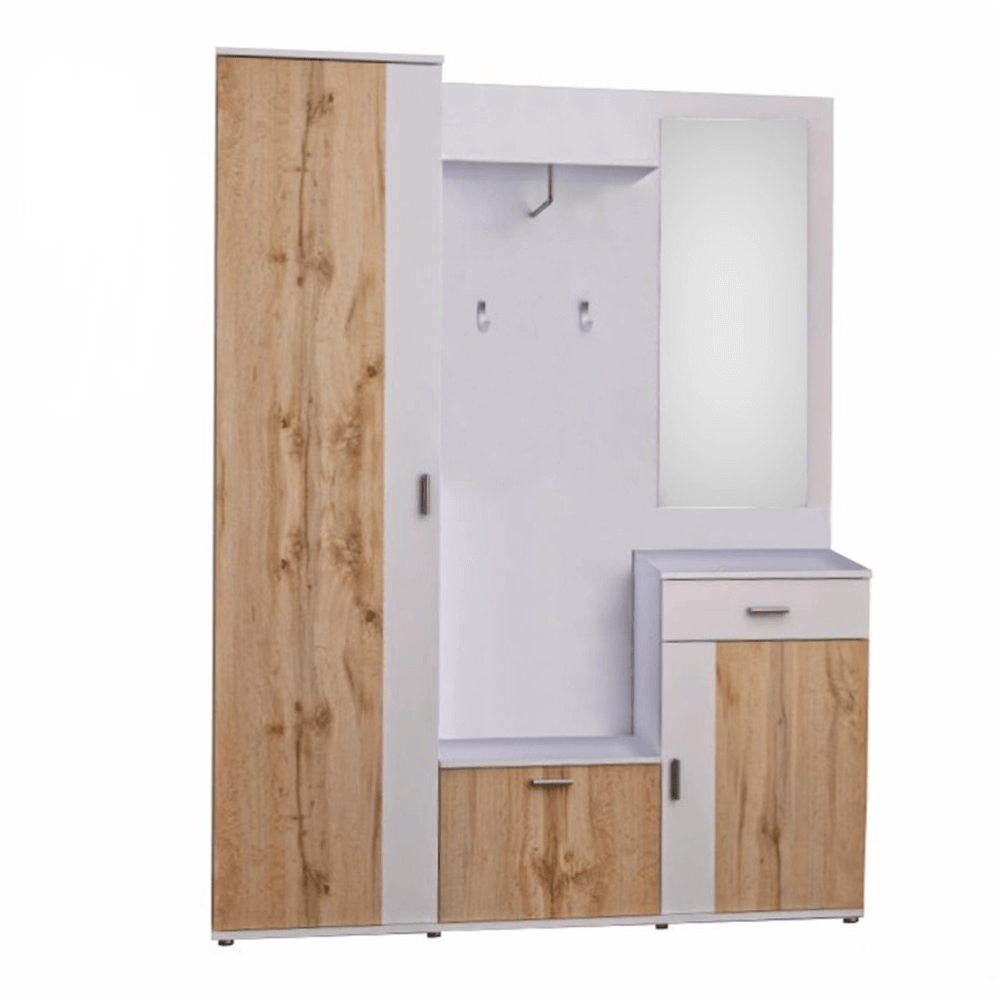 Set mobilier hol AMALIA, alb/stejar wotan, cu oglindă și cuier, 144x188 cm Kondela