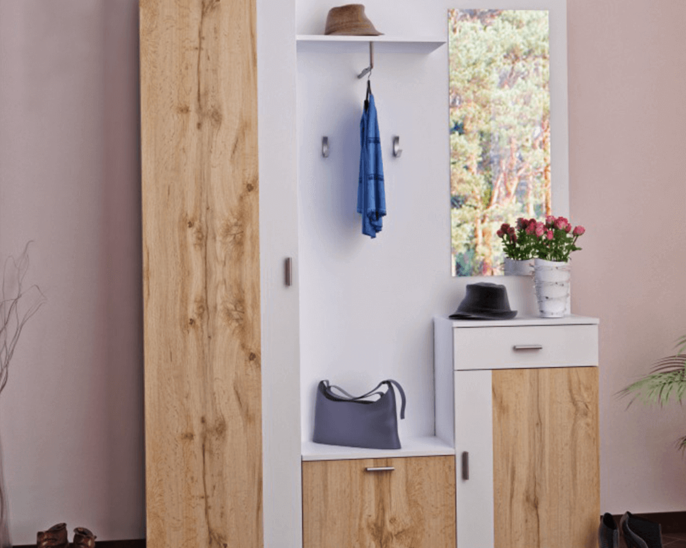 Set mobilier hol AMALIA, alb/stejar wotan, cu oglindă și cuier, 144x188 cm Kondela