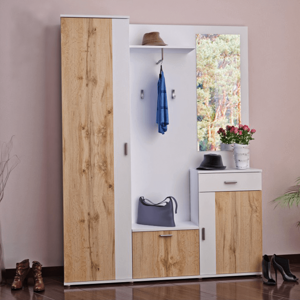 Set mobilier hol AMALIA, alb/stejar wotan, cu oglindă și cuier, 144x188 cm Kondela