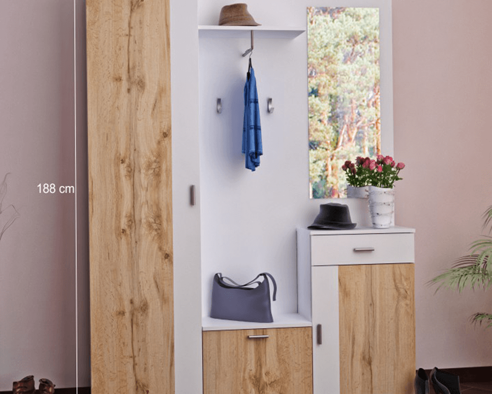 Set mobilier hol AMALIA, alb/stejar wotan, cu oglindă și cuier, 144x188 cm Kondela