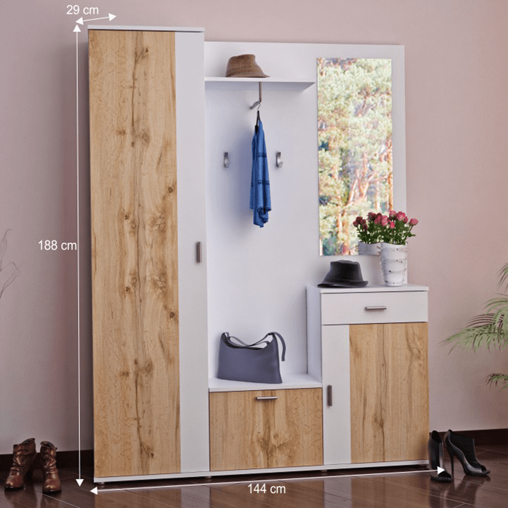 Set mobilier hol AMALIA, alb/stejar wotan, cu oglindă și cuier, 144x188 cm Kondela