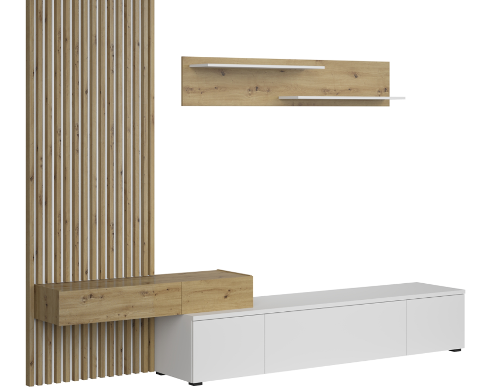Ansamblu living REBEKA PLUS, alb/stejar artisan, cu masă TV și raft, 249 cm Kondela