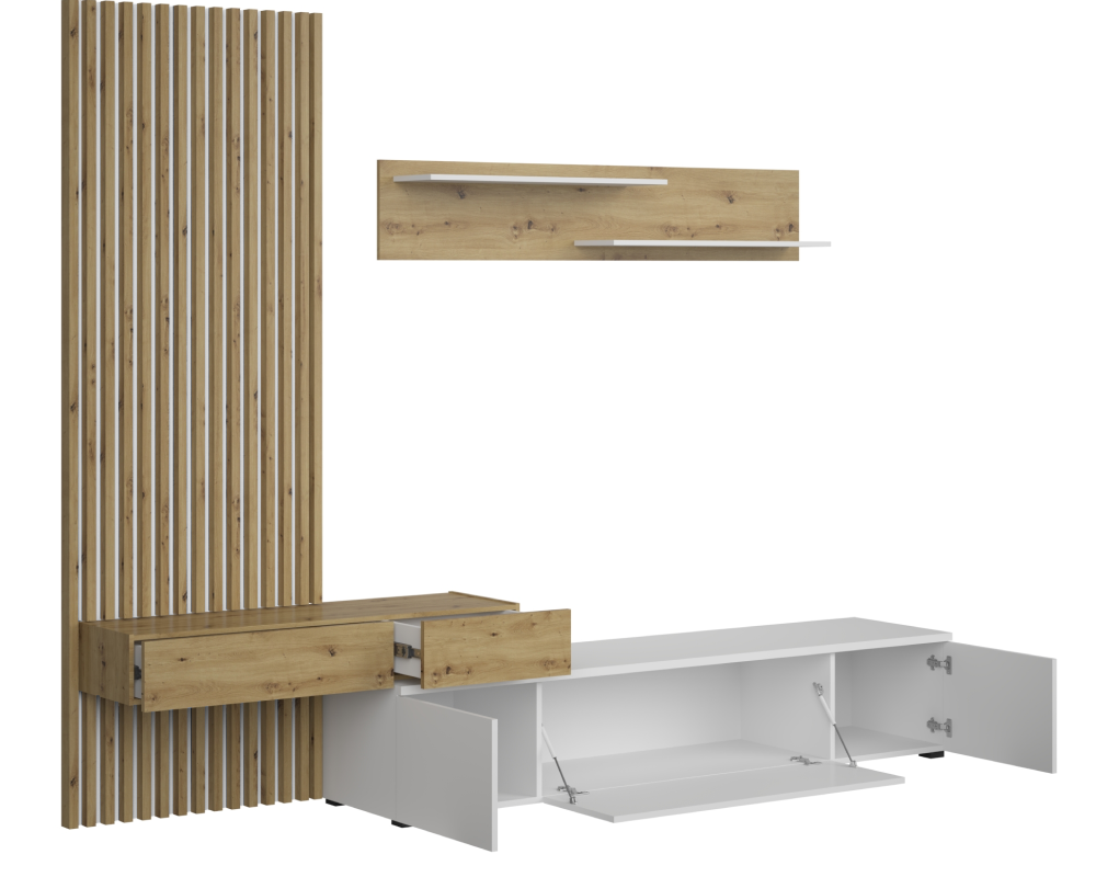 Ansamblu living REBEKA PLUS, alb/stejar artisan, cu masă TV și raft, 249 cm Kondela