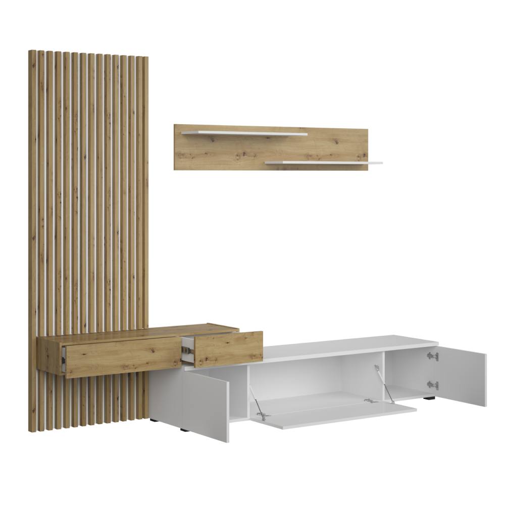 Ansamblu living REBEKA PLUS, alb/stejar artisan, cu masă TV și raft, 249 cm Kondela