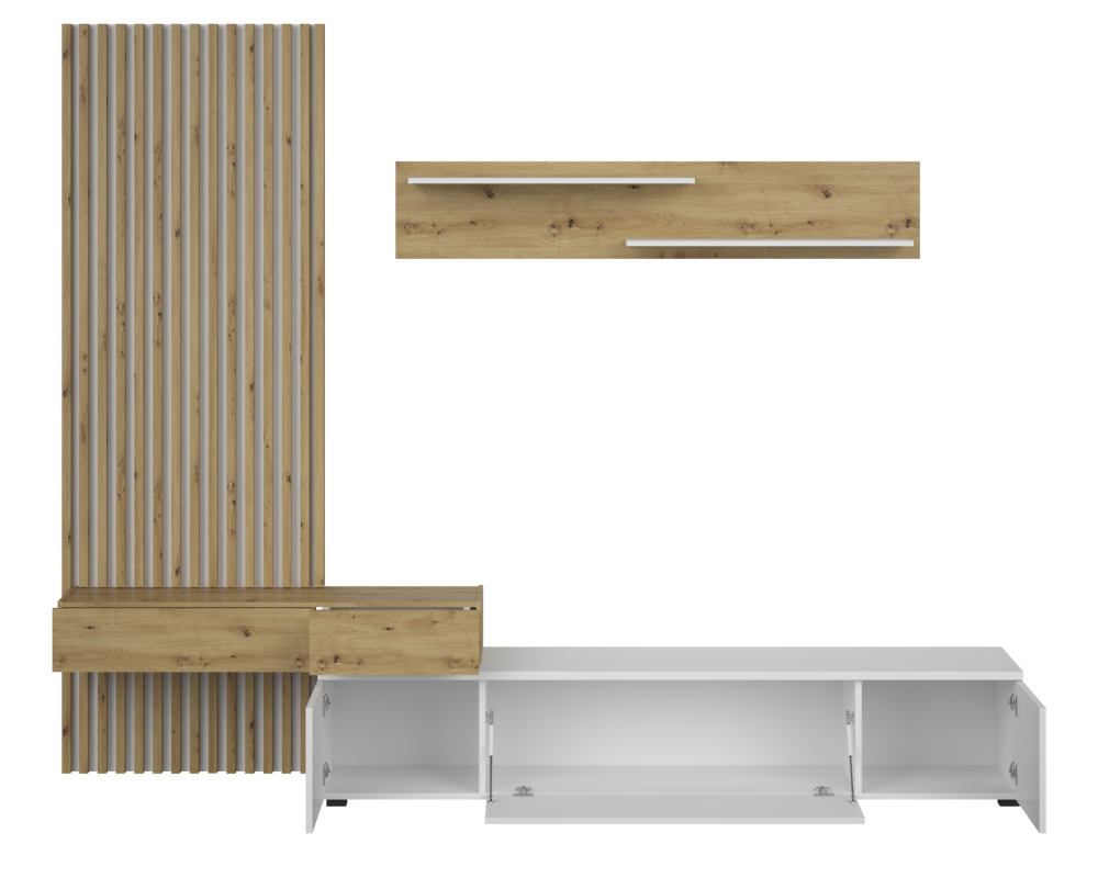Ansamblu living REBEKA PLUS, alb/stejar artisan, cu masă TV și raft, 249 cm Kondela