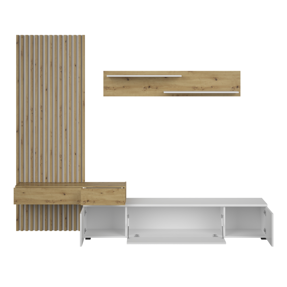 Ansamblu living REBEKA PLUS, alb/stejar artisan, cu masă TV și raft, 249 cm Kondela