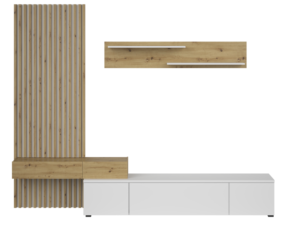 Ansamblu living REBEKA PLUS, alb/stejar artisan, cu masă TV și raft, 249 cm Kondela