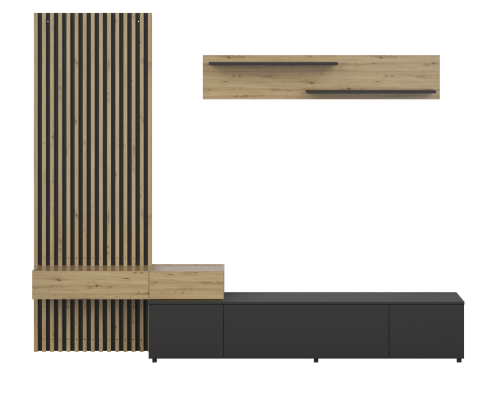 Ansamblu living REBEKA PLUS, negru/stejar artisan, cu masă TV și raft, 249 cm Kondela