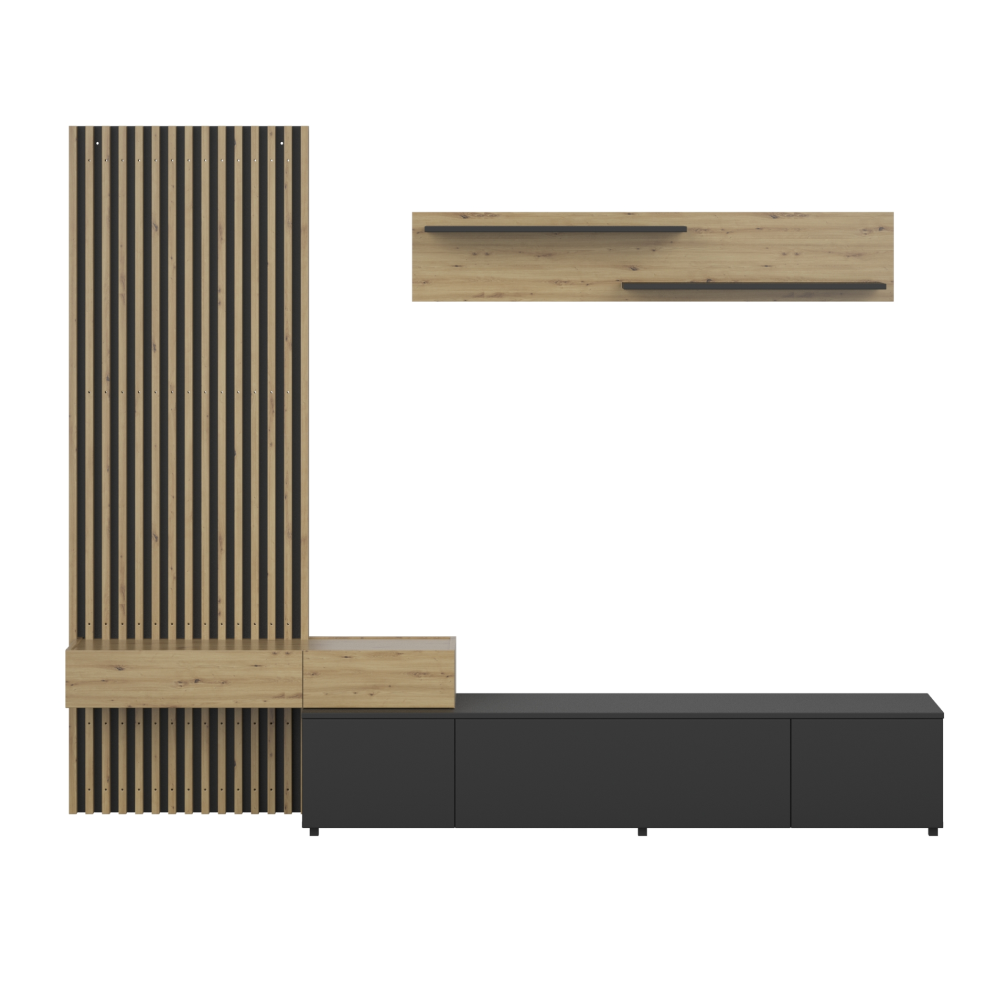 Ansamblu living REBEKA PLUS, negru/stejar artisan, cu masă TV și raft, 249 cm Kondela