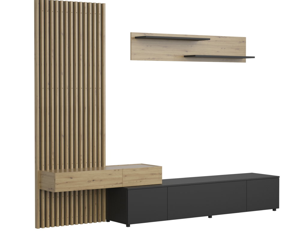 Ansamblu living REBEKA PLUS, negru/stejar artisan, cu masă TV și raft, 249 cm Kondela