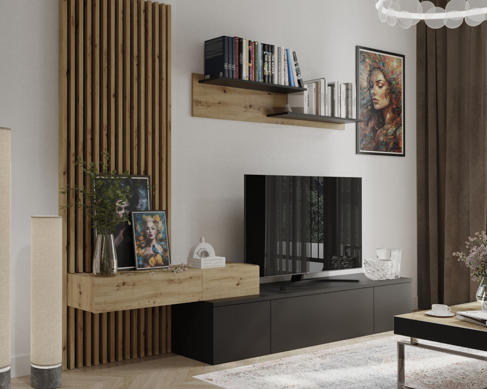 Ansamblu living REBEKA PLUS, negru/stejar artisan, cu masă TV și raft, 249 cm Kondela