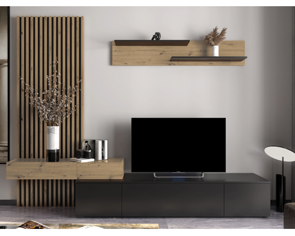 Ansamblu living REBEKA PLUS, negru/stejar artisan, cu masă TV și raft, 249 cm Kondela