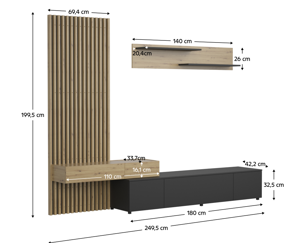 Ansamblu living REBEKA PLUS, negru/stejar artisan, cu masă TV și raft, 249 cm Kondela