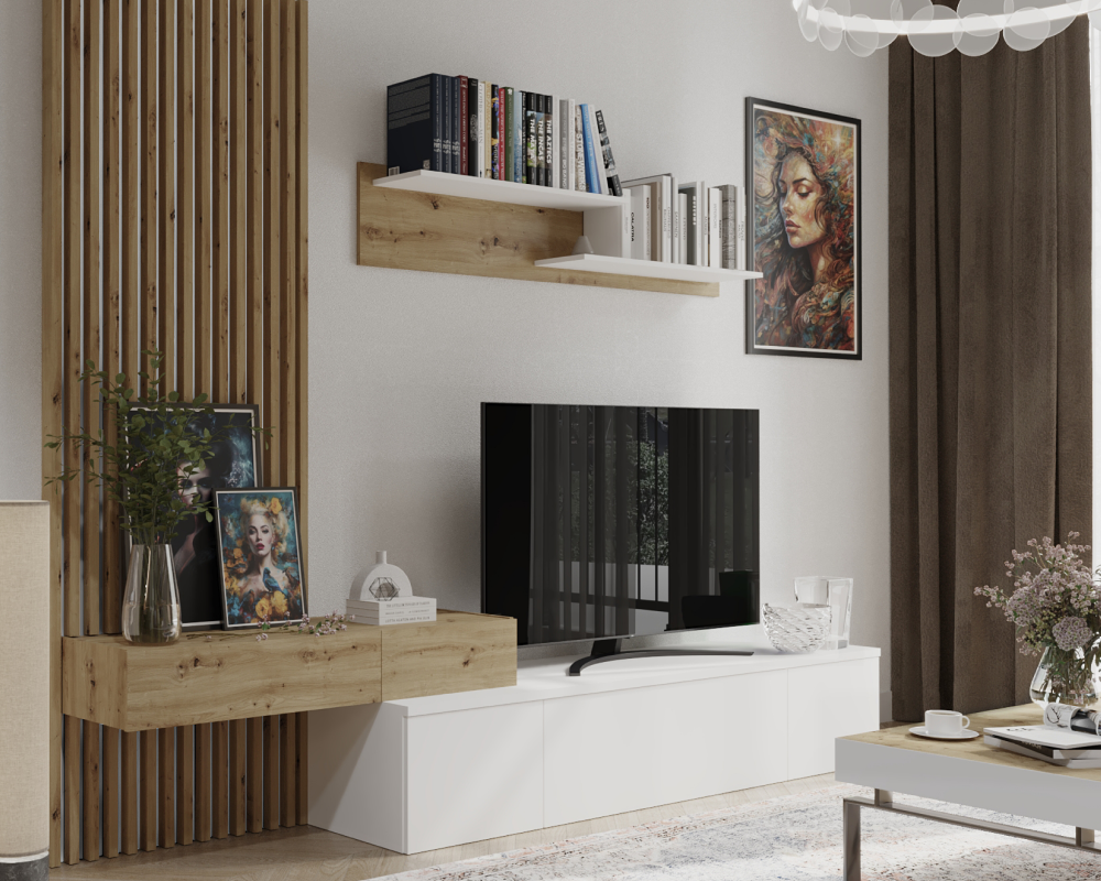 Ansamblu living REBEKA PLUS, alb/stejar artisan, cu masă TV și raft, 249 cm Kondela