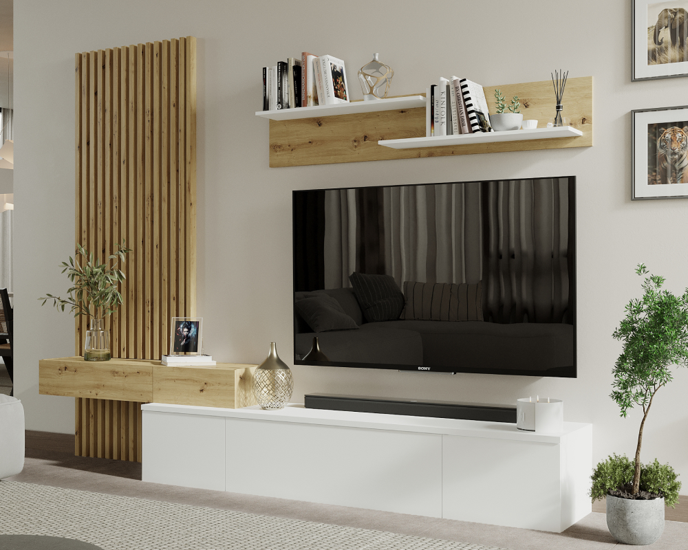 Ansamblu living REBEKA PLUS, alb/stejar artisan, cu masă TV și raft, 249 cm Kondela