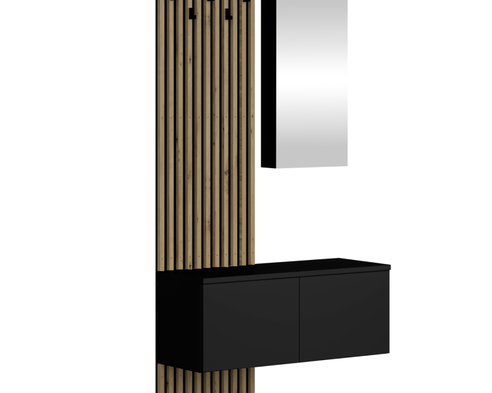 Set mobilier hol REBEKA cu oglindă și pantofar, negru/stejar artisan, 100x195 cm Kondela