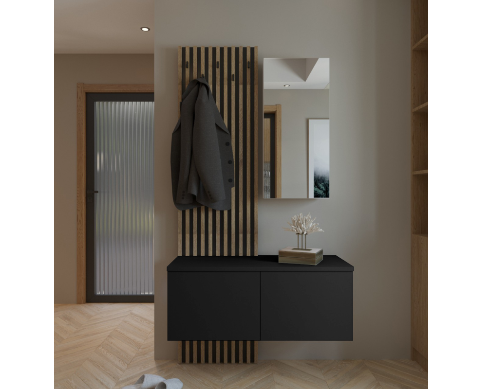 Set mobilier hol REBEKA cu oglindă și pantofar, negru/stejar artisan, 100x195 cm Kondela