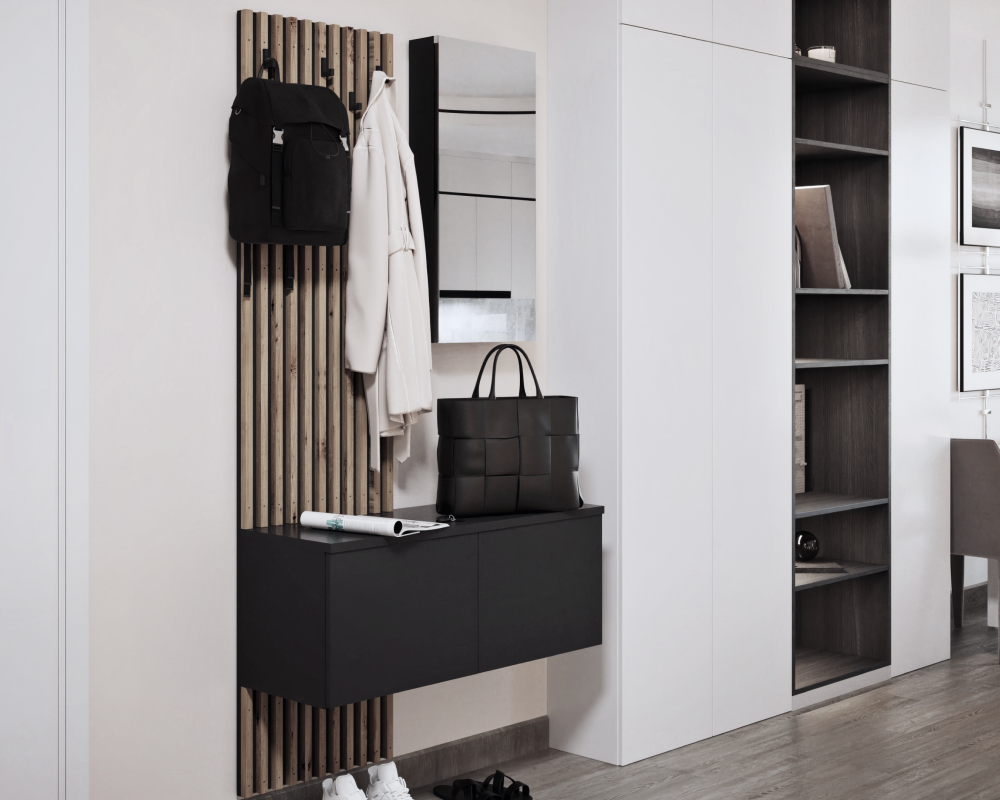 Set mobilier hol REBEKA cu oglindă și pantofar, negru/stejar artisan, 100x195 cm Kondela