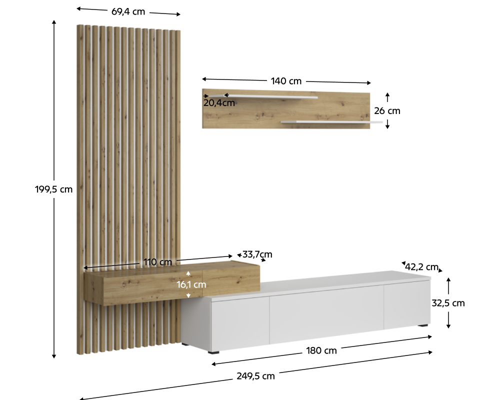 Ansamblu living REBEKA PLUS, alb/stejar artisan, cu masă TV și raft, 249 cm Kondela