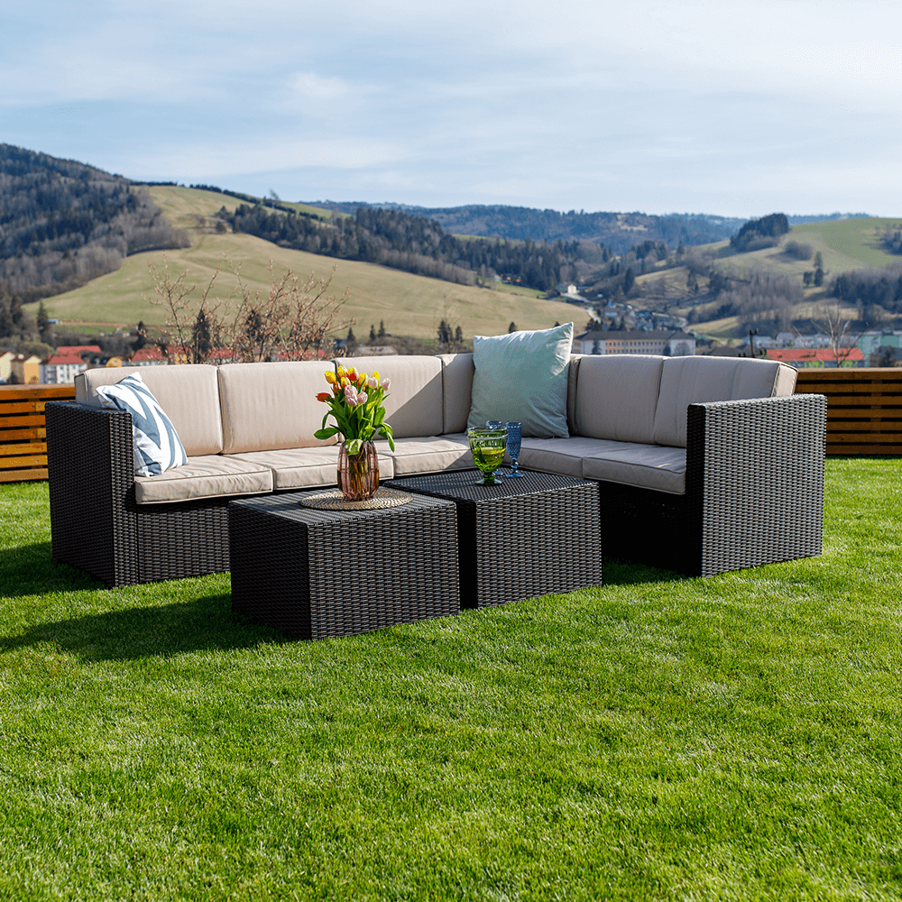 Set de grădină din rattan, 3 piese, maro/bej, RODEN Kondela