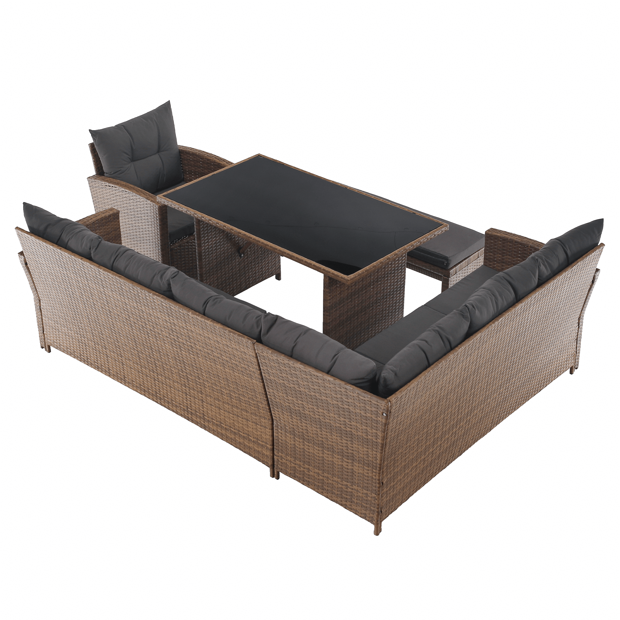 Set Grădină Ratan Sintetic SAGIR 4 Piese | Colțar + Fotoliu + Bancă + Masă Sticlă | Kondela