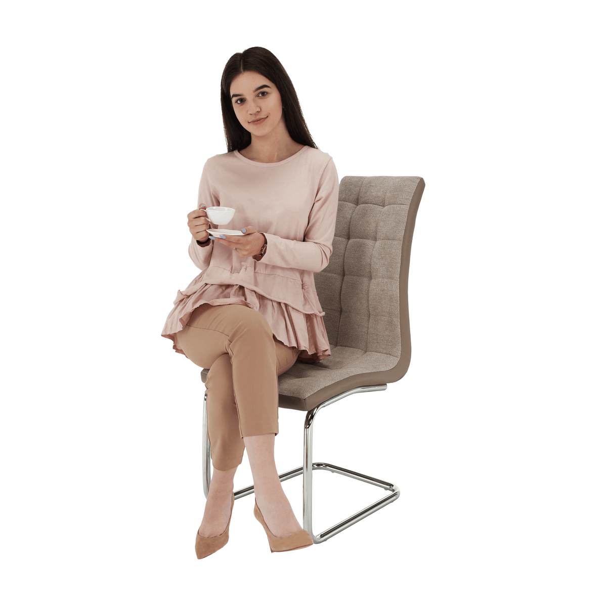 Scaun dining ILHAVO, bej/crom, textil/piele eco/crom, 42x56.5x105 cm Kondela