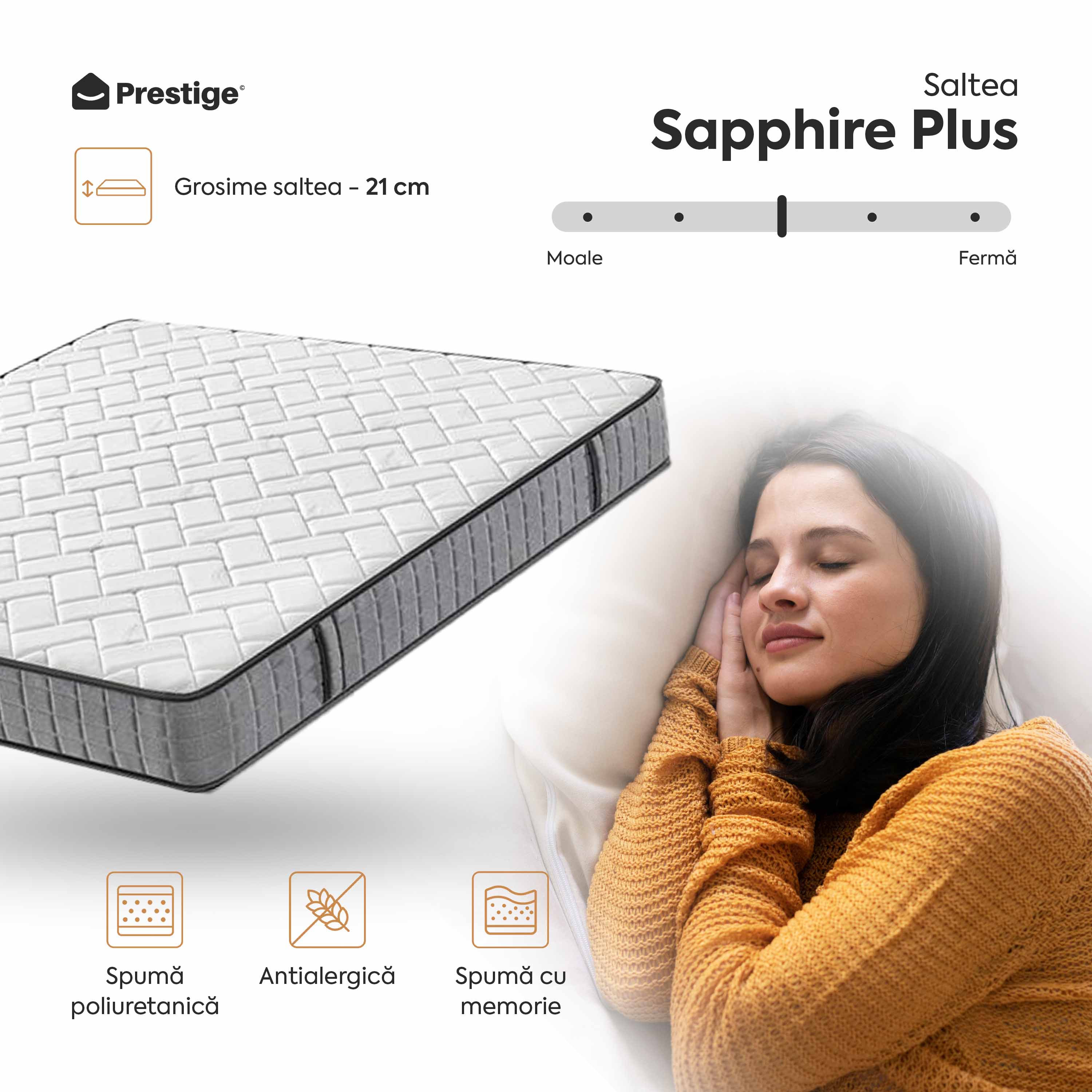 altea SAPPHIRE PLUS, 14+5 Memory, spumă poliuretanică elastică, spumă cu memorie, husă antibacteriană, superortopedică, Grosime 21 cm - Prestige Home