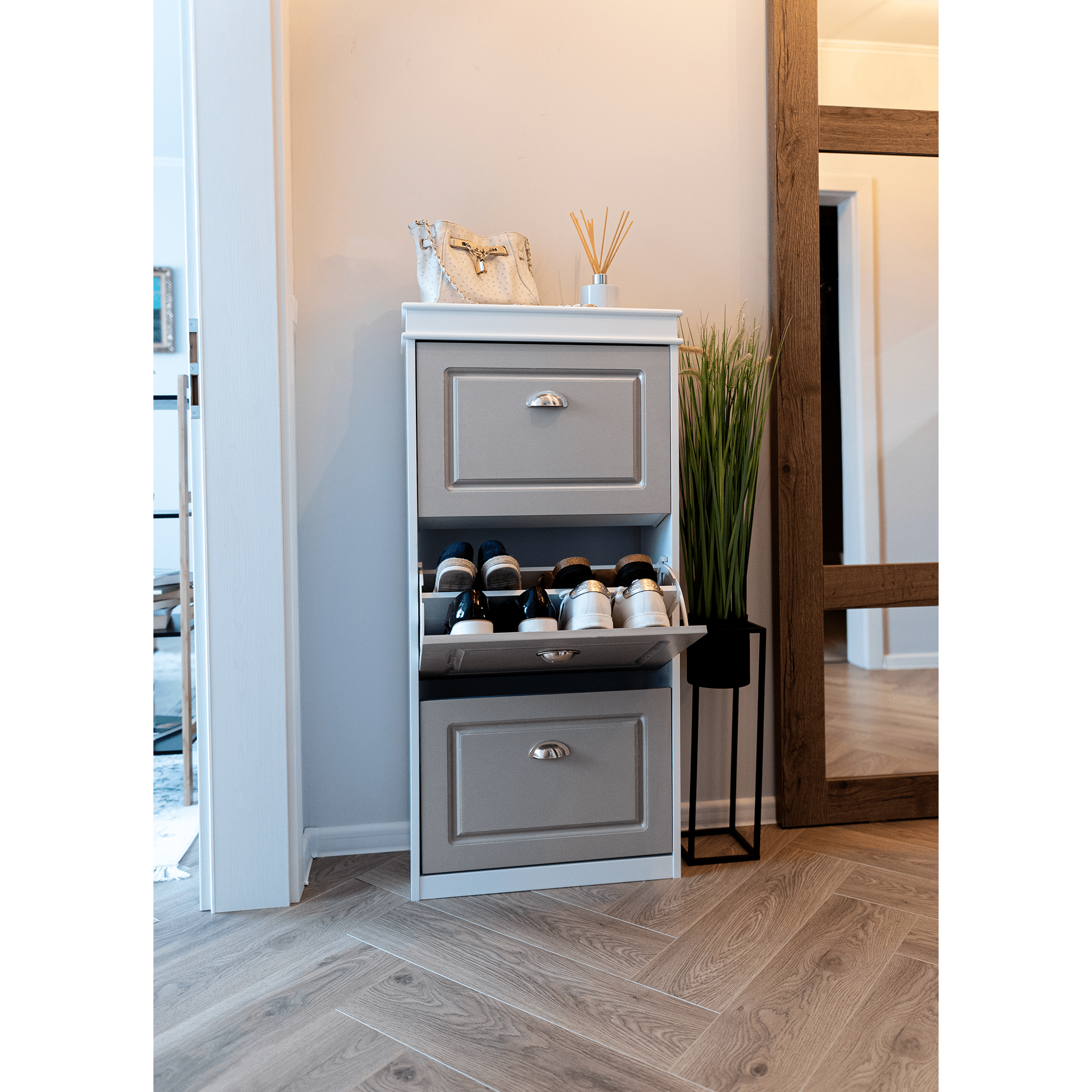 Pantofar SEBER TYP 2, 3 uși, gri/alb, 53,5 cm Kondela