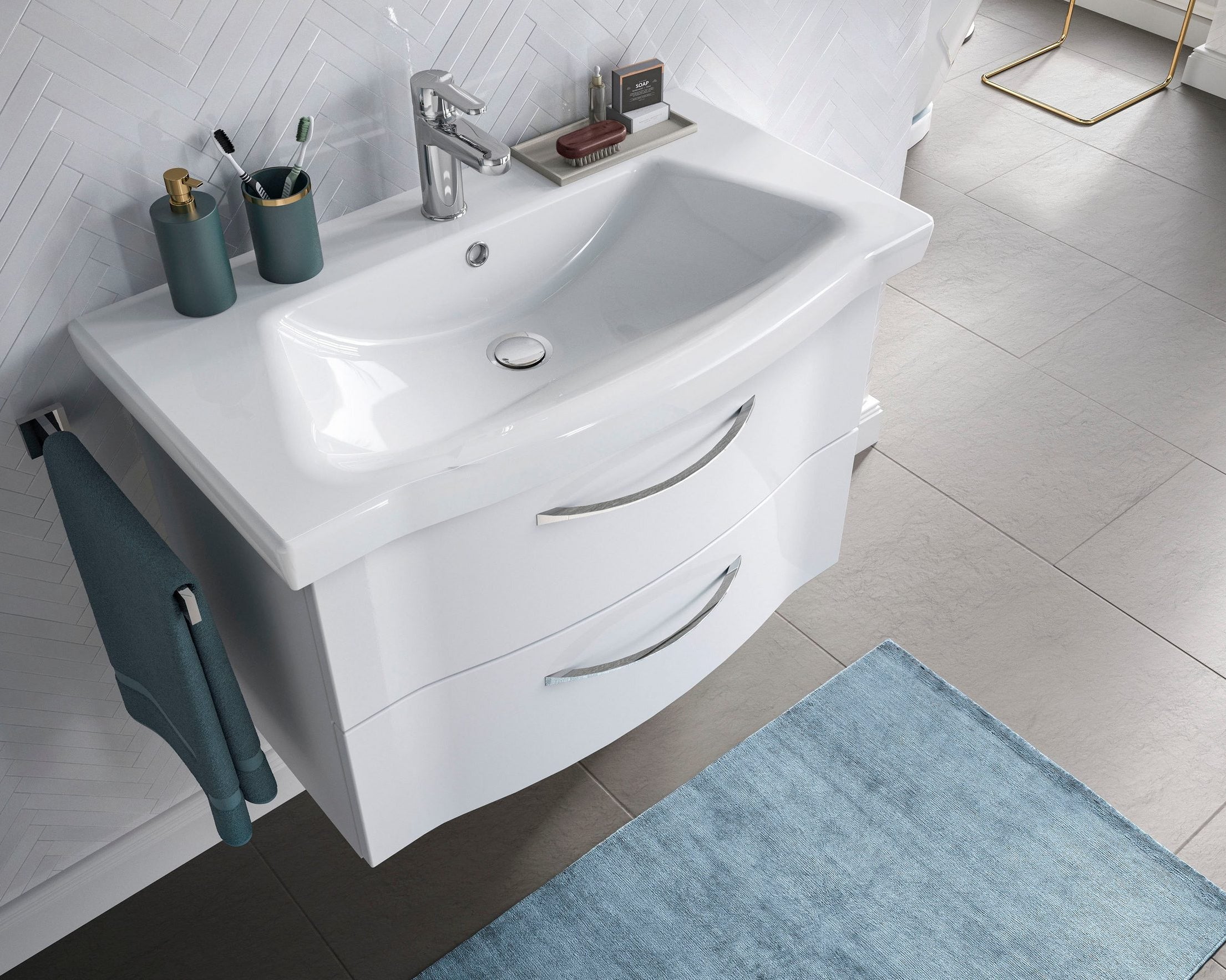 Set dulap de baie din PAL si lavoar de ceramica Safir, alb lucios, 82 cm latime Arboteca