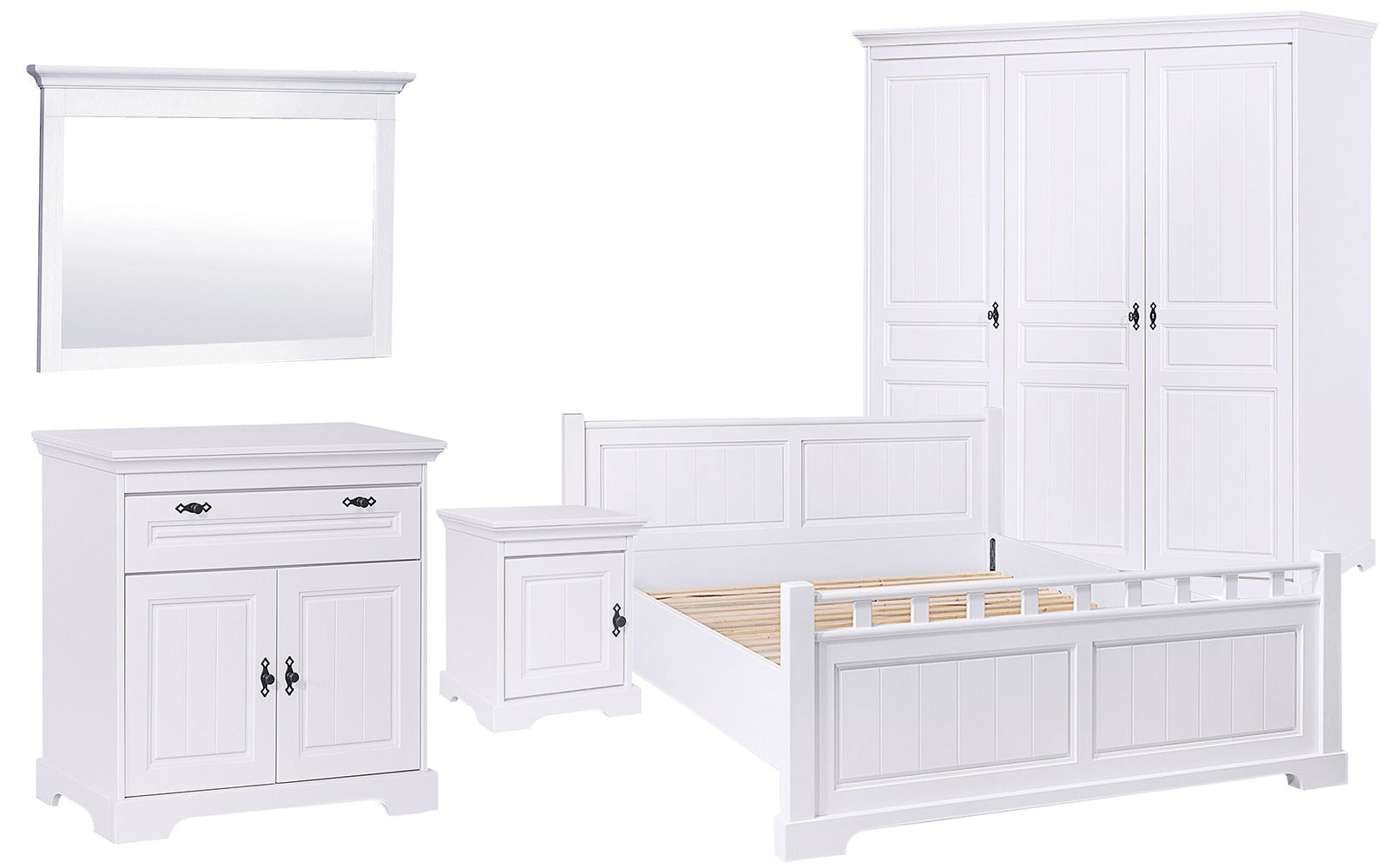 Set dormitor lemn masiv Ariana, 4 piese - pat, dulap 3 uși, comodă, 2 noptiere, alb Arboteca
