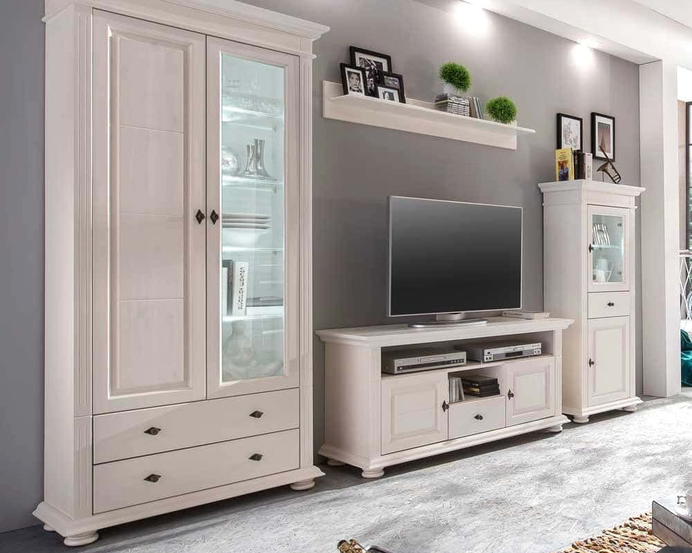 Set living lemn masiv Amelie, dulap cu vitrină, comodă și vitrină, alb Arboteca