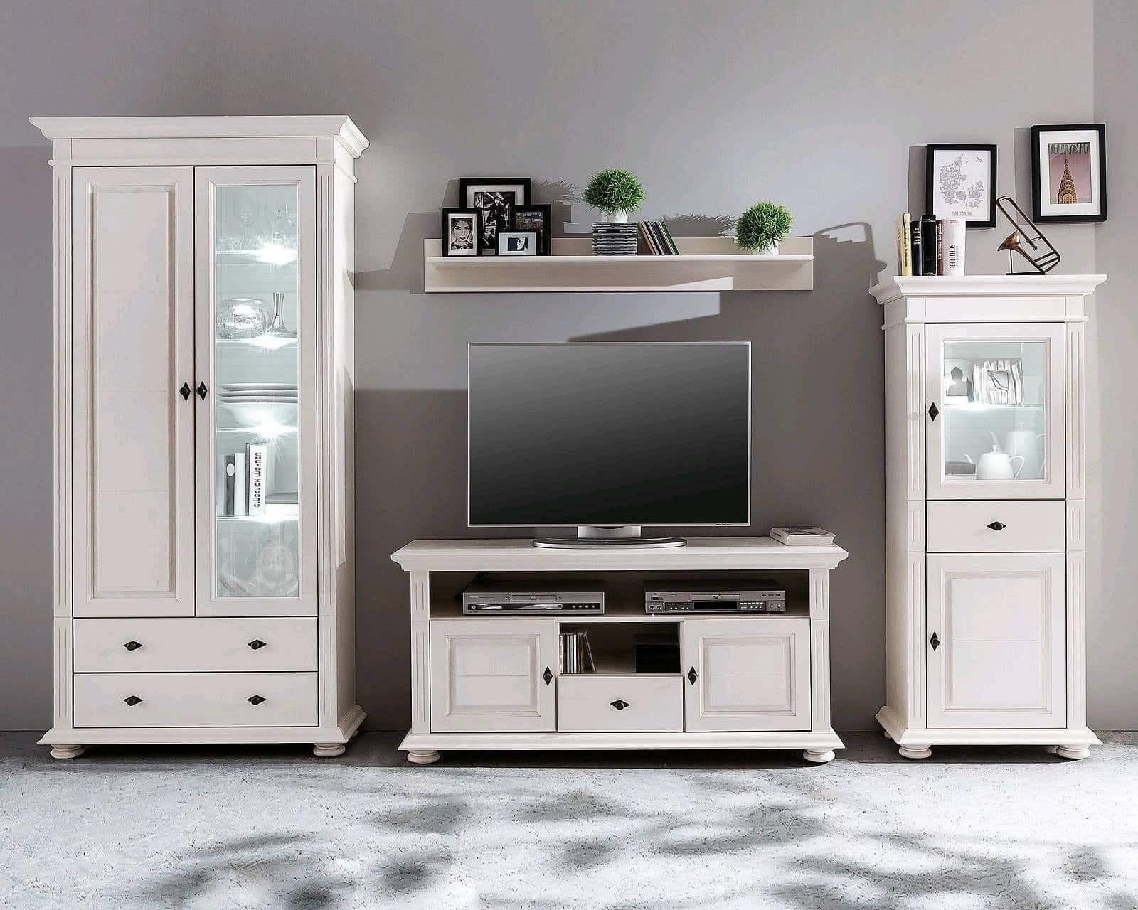 Set living lemn masiv Amelie, dulap cu vitrină, comodă și vitrină, alb Arboteca