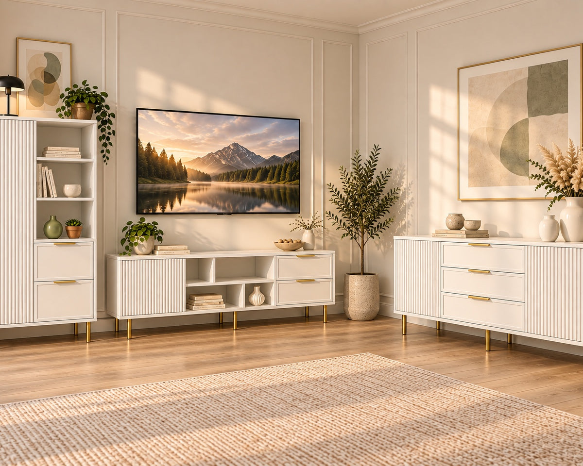 Set living PORTOFINO alb: comodă TV, dulap și comodă, MDF riflat vopsit Arboteca