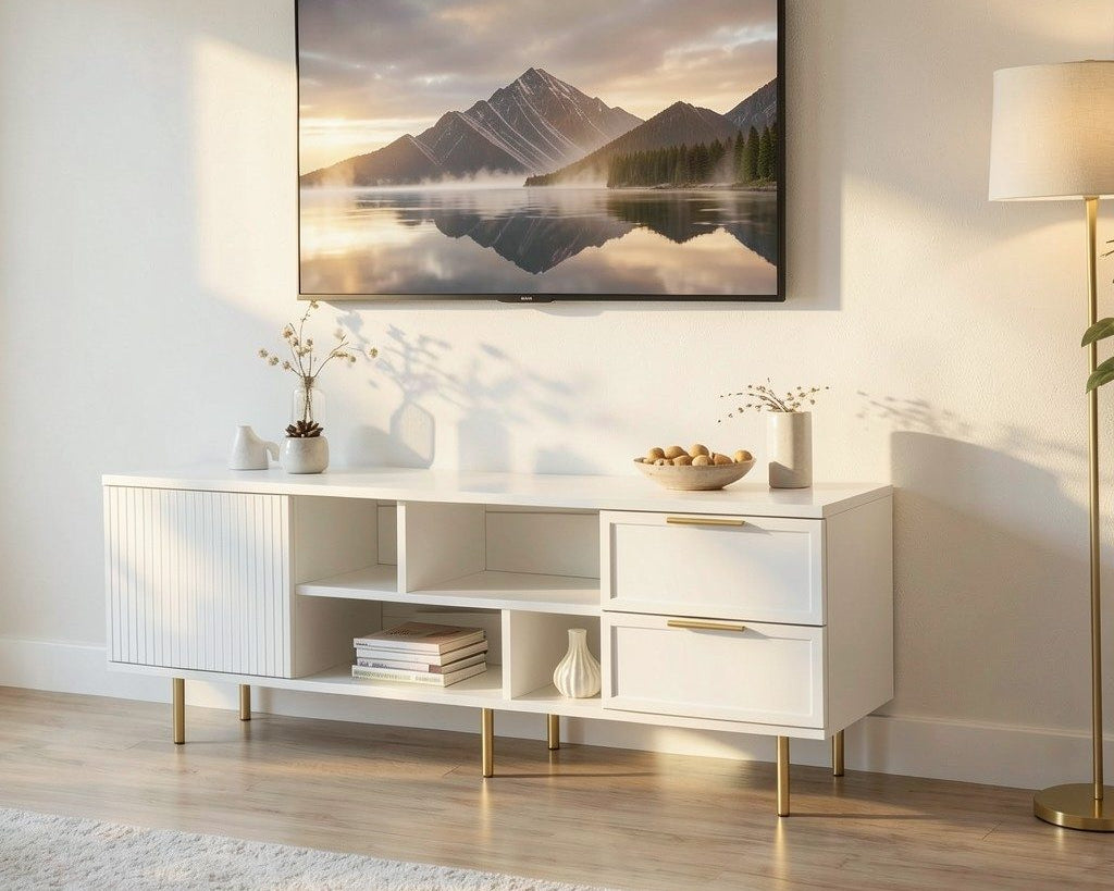 Set living PORTOFINO alb: comodă TV, dulap și comodă, MDF riflat vopsit Arboteca