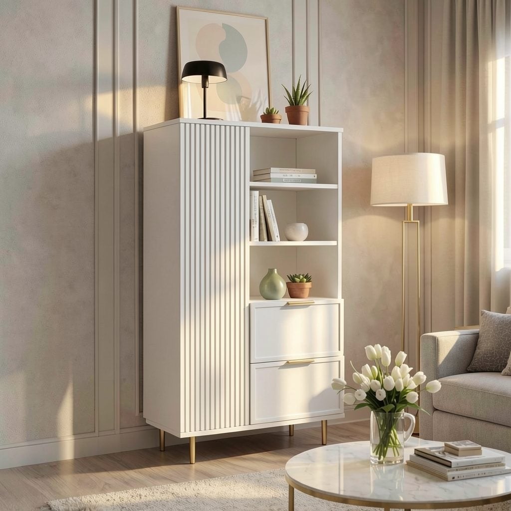 Dulap PORTOFINO alb cu ușă, poliță deschisă și 2 sertare, MDF frezat