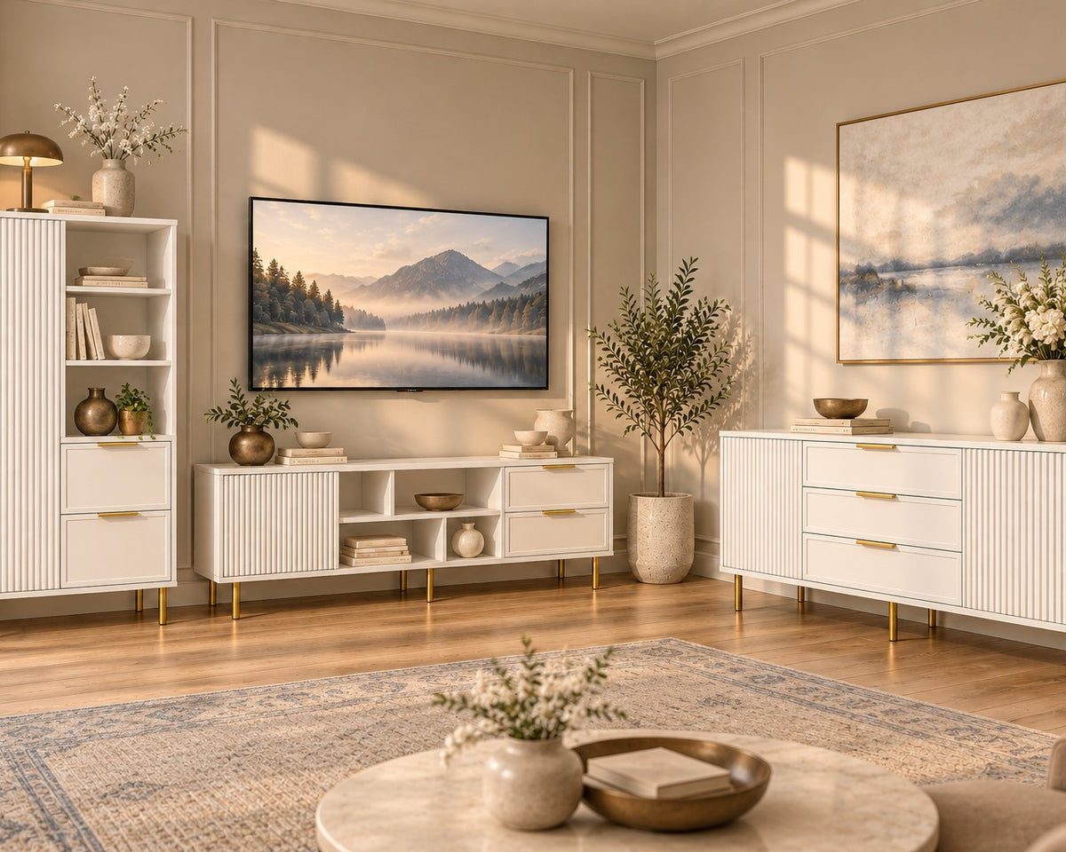 Set living PORTOFINO alb: comodă TV, dulap și comodă, MDF riflat vopsit Default Title Arboteca