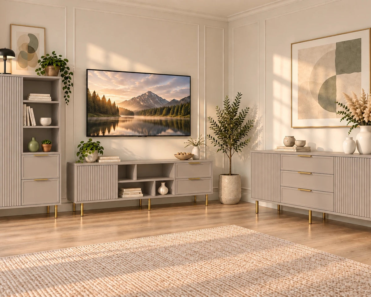 Set living PORTOFINO cașmir bazalt: comodă TV, dulap și comodă, MDF riflat vopsit Arboteca