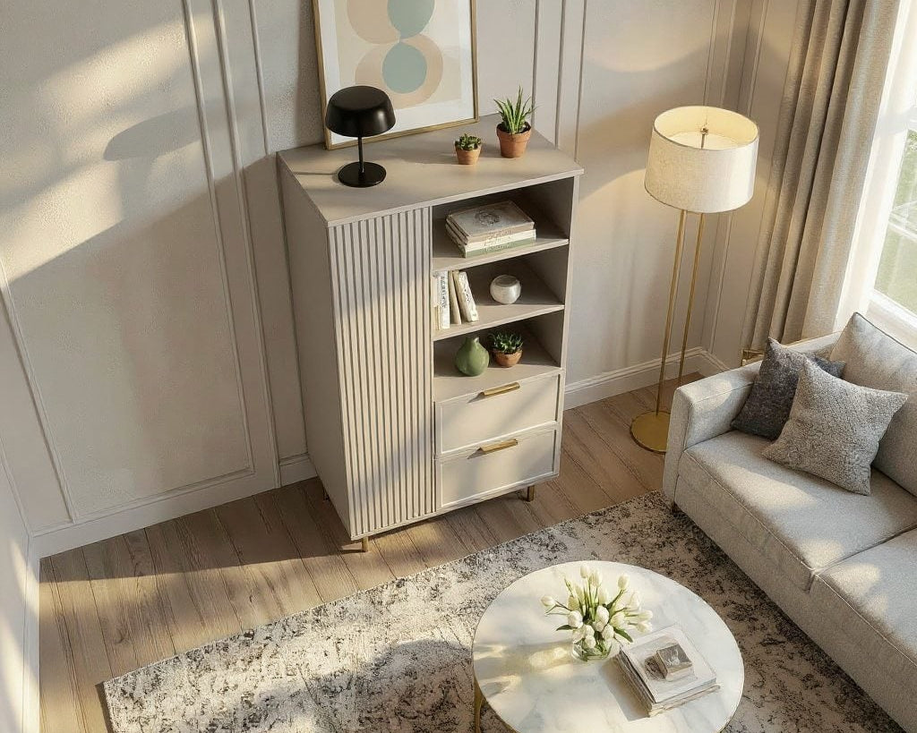 Set living PORTOFINO cașmir bazalt: comodă TV, dulap și comodă, MDF riflat vopsit Arboteca