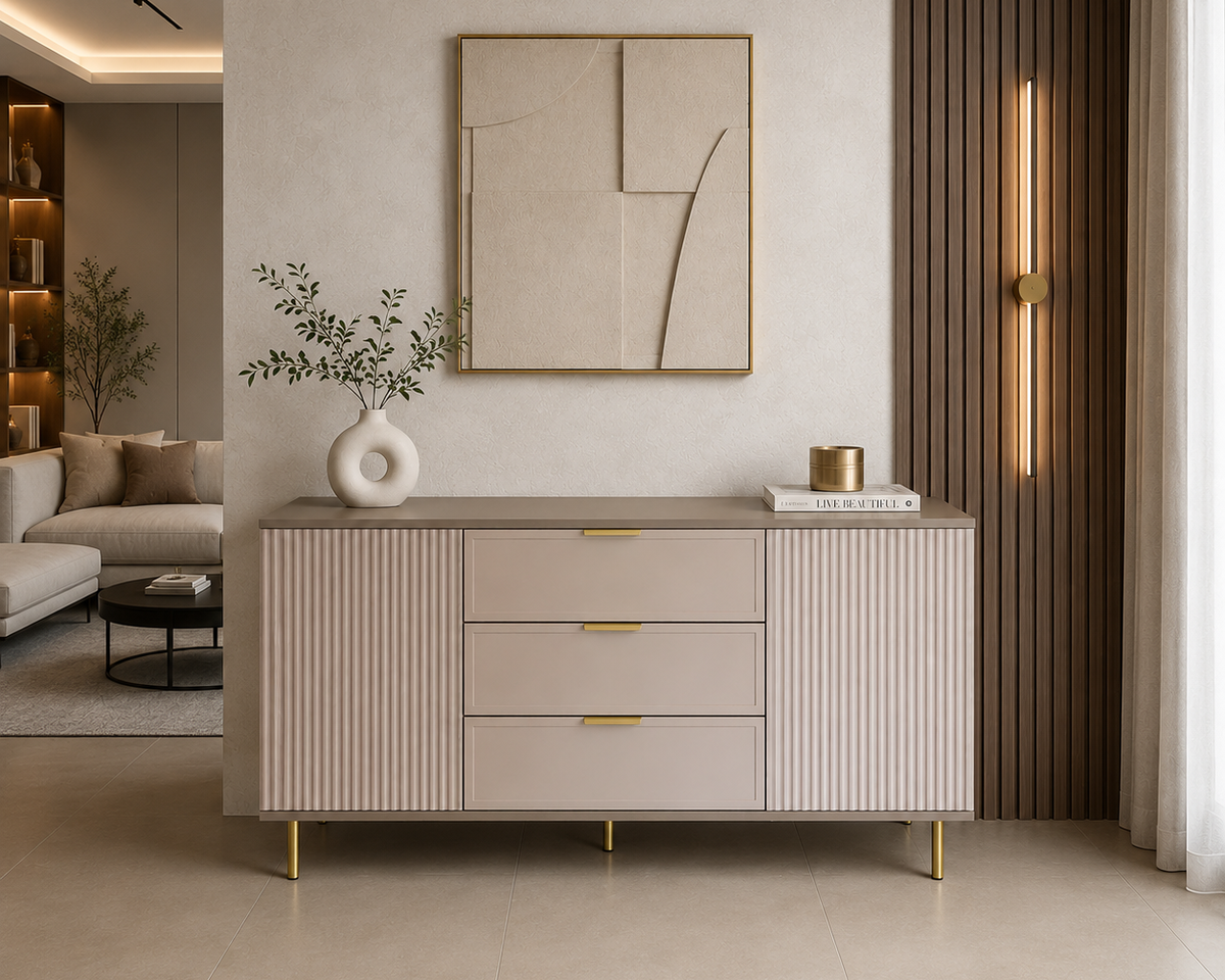 Set living PORTOFINO cașmir bazalt: comodă TV, dulap și comodă, MDF riflat vopsit Arboteca