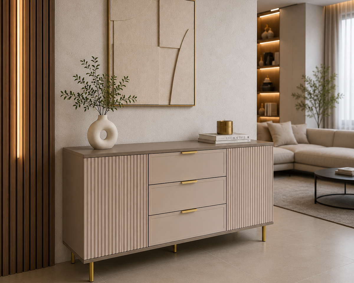 Set living PORTOFINO cașmir bazalt: comodă TV, dulap și comodă, MDF riflat vopsit Arboteca