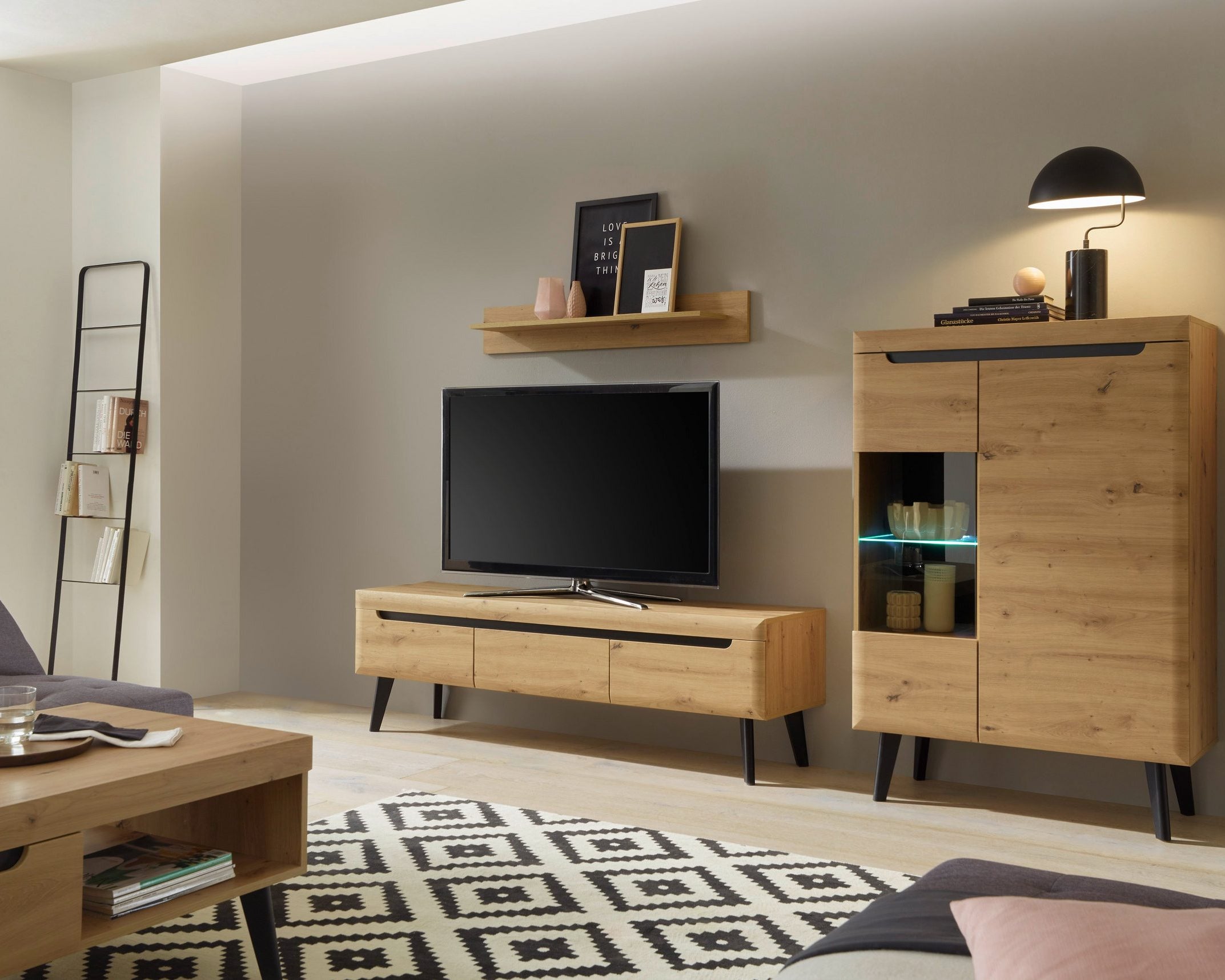 Set mobilier living Torge, 3 piese, stil scandinav, MDF / PAL melaminat, Stejar Artisan/Negru Arboteca