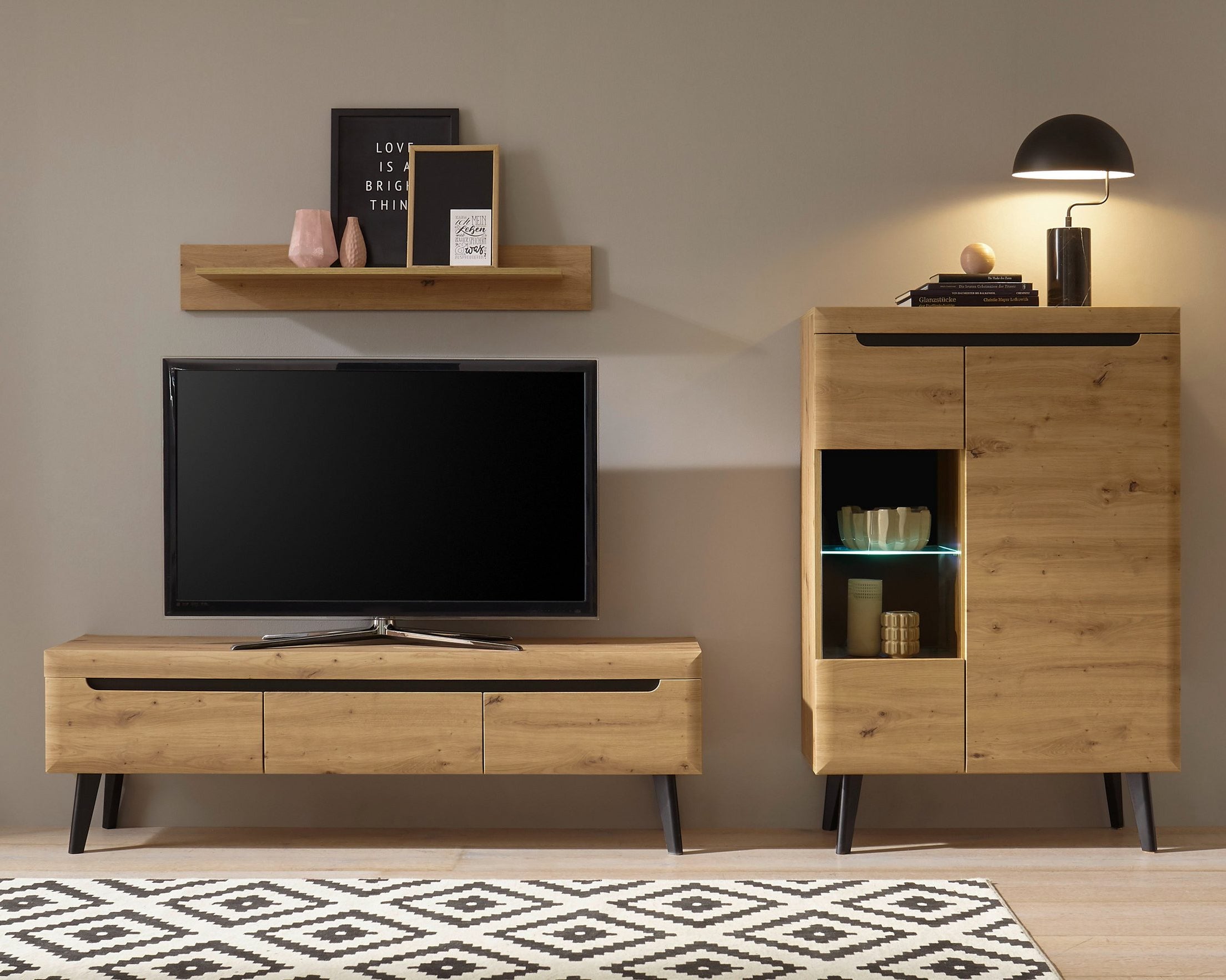 Set mobilier living Torge, 3 piese, stil scandinav, MDF / PAL melaminat, Stejar Artisan/Negru Arboteca